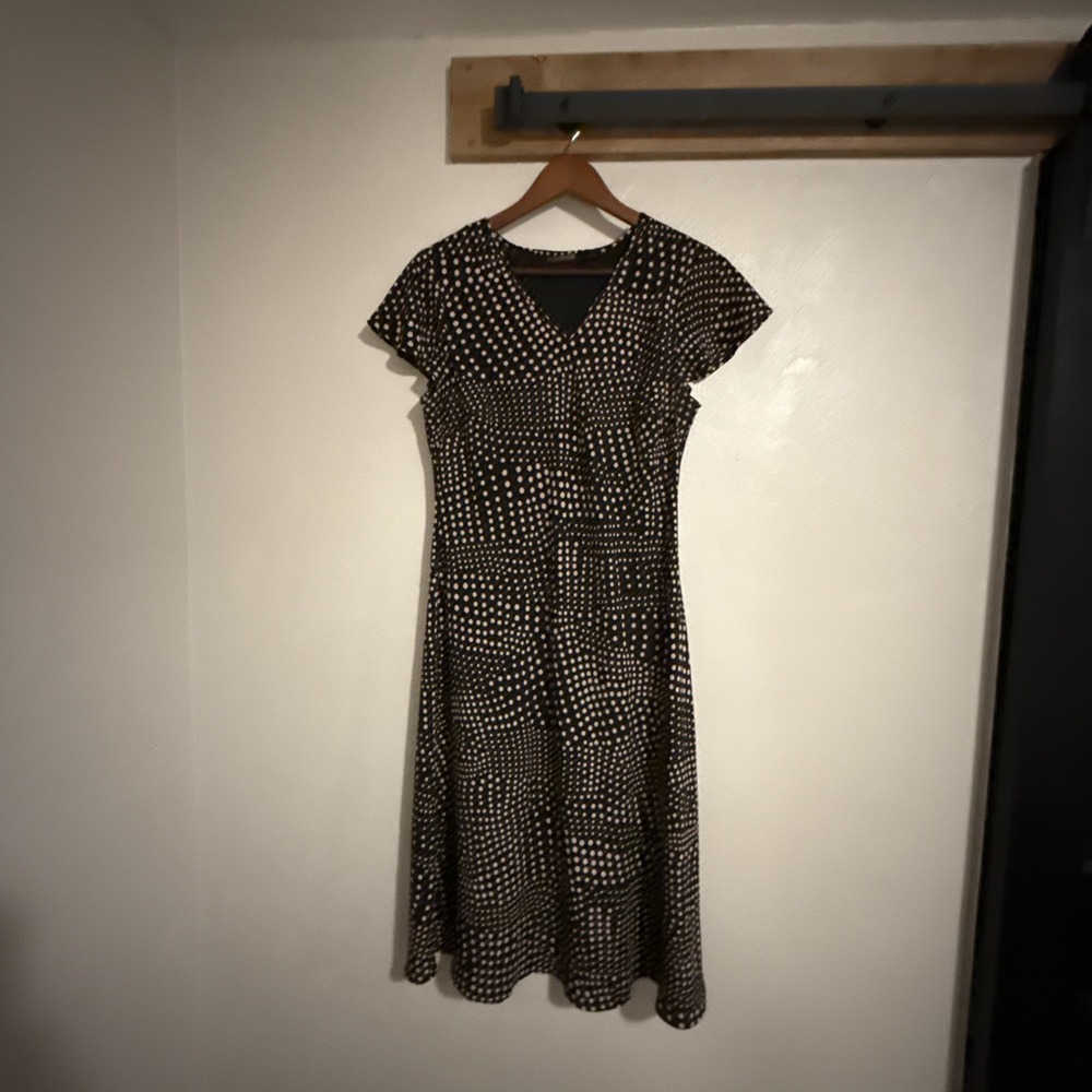 Laura Scott Polka Dot Dress Women's 16 Black Pink‎ V-Neck Midi Cap Sleeve